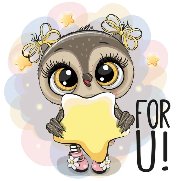 Carino Cartoon Owl Ragazza Con Stella Sullo Sfondo Stelle — Vettoriale Stock