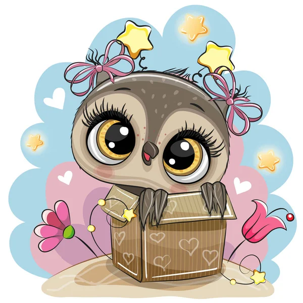 Birthday Card Cute Cartoon Owl Girl Box — Stock Vector