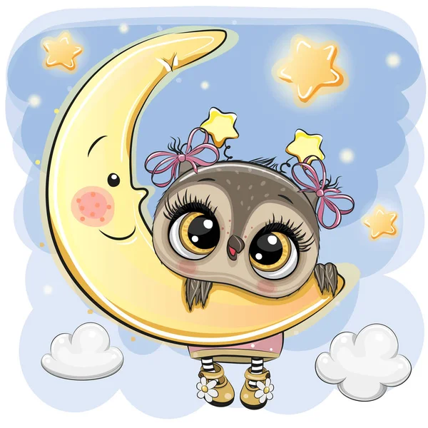 Linda Chica Del Búho Dibujos Animados Luna — Vector de stock