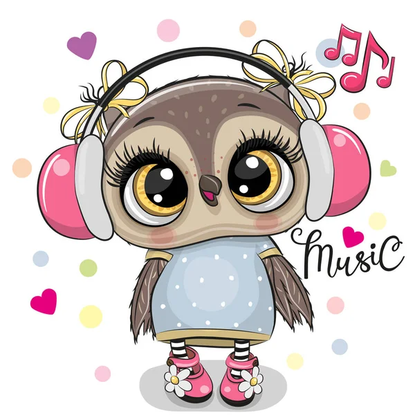 Χαριτωμένο Κορίτσι Κουκουβάγια Καρτούν Ροζ Ακουστικά Λευκό Φόντο — Διανυσματικό Αρχείο