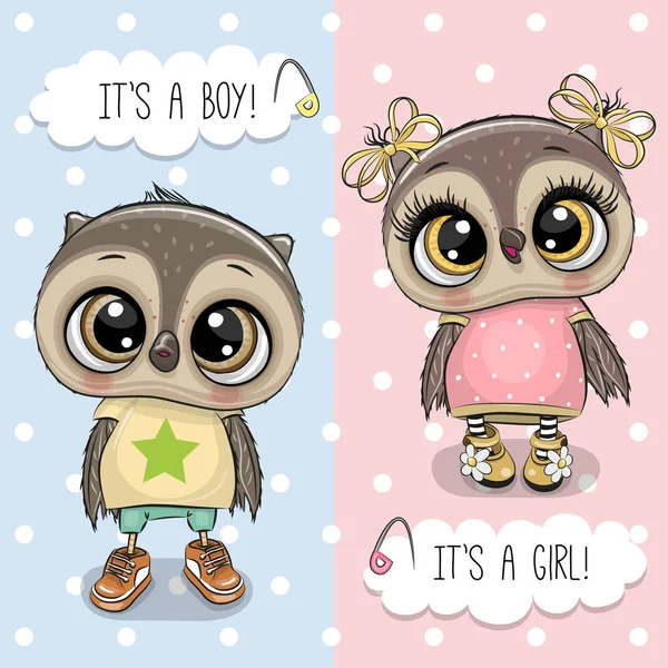 Tarjeta Felicitación Baby Shower Con Cute Owls Chico Chica — Vector de stock