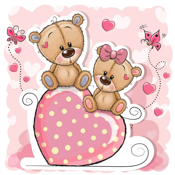 Two Cartoon Bears Sitting Heart Pink Background — Stock Vector