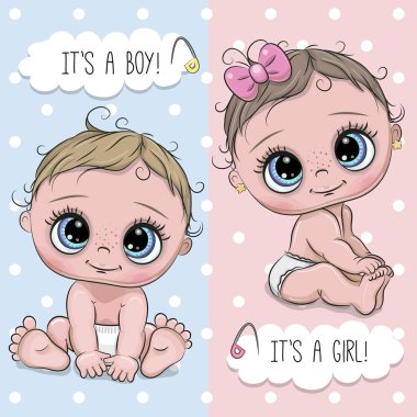 Bebek duş tebrik kartı karikatür ile kız ve erkek bebekler