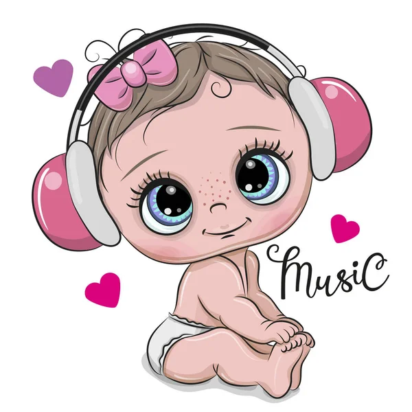 Bonito Desenho Animado Baby Girl Com Fones Ouvido Rosa Fundo — Vetor de Stock