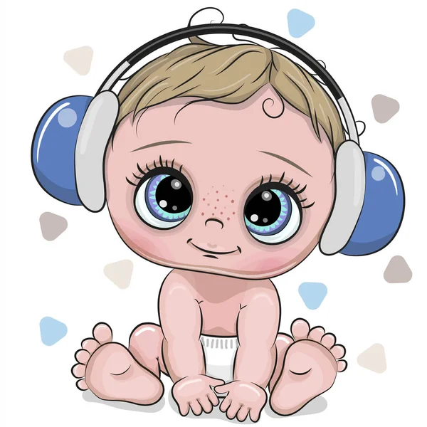 Bonito Desenho Animado Baby Boy Com Fones Ouvido Azuis Fundo —  Vetores de Stock