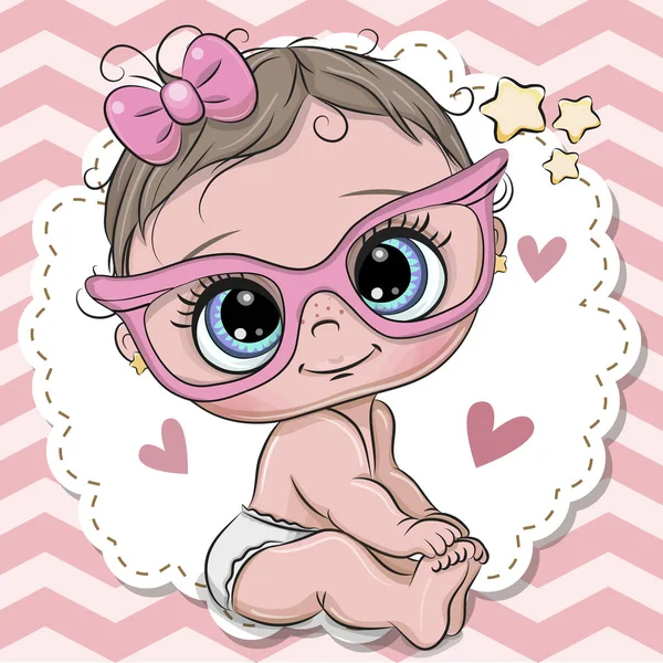 Cute Cartoon Baby Girl Pink Eyeglasses Bow — Stock Vector