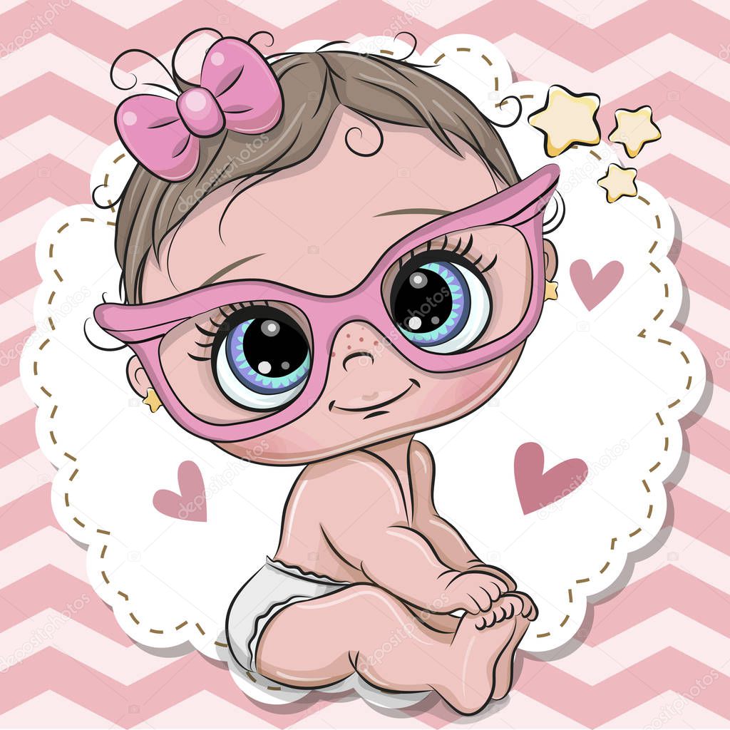 Cute cartoon Baby girl in pink eyeglasses with a bow