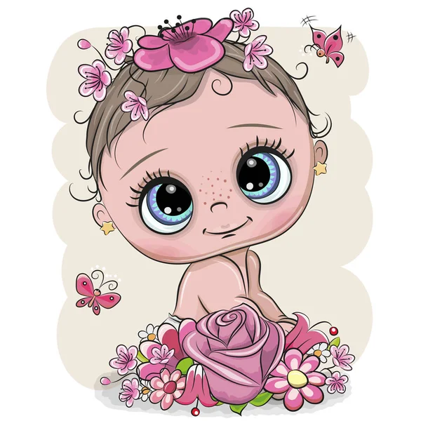 Schattige Cartoon Baby Met Bloemen Een Witte Achtergrond — Stockvector
