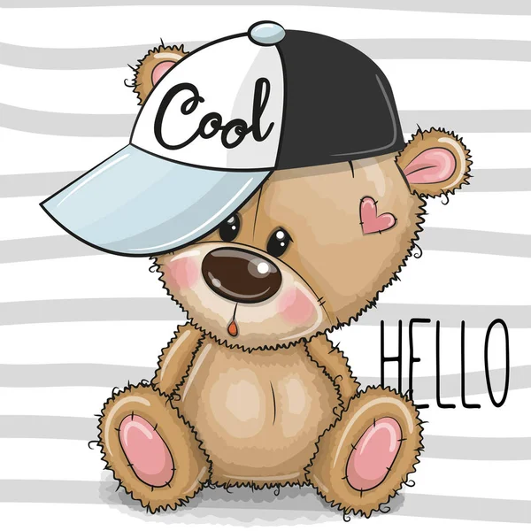 可爱的动画片酷泰迪熊与条纹背景粉红色的帽子 — 图库矢量图片