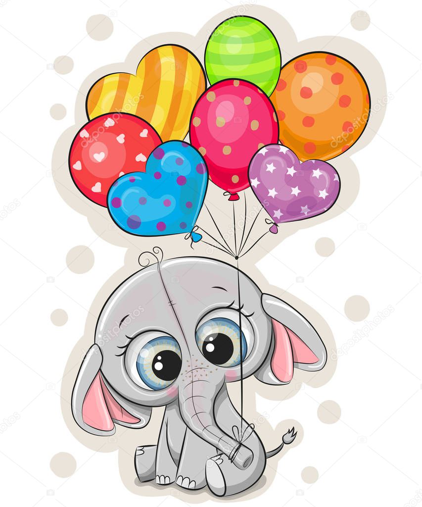 Cute cartoon elephant with balloons on white background