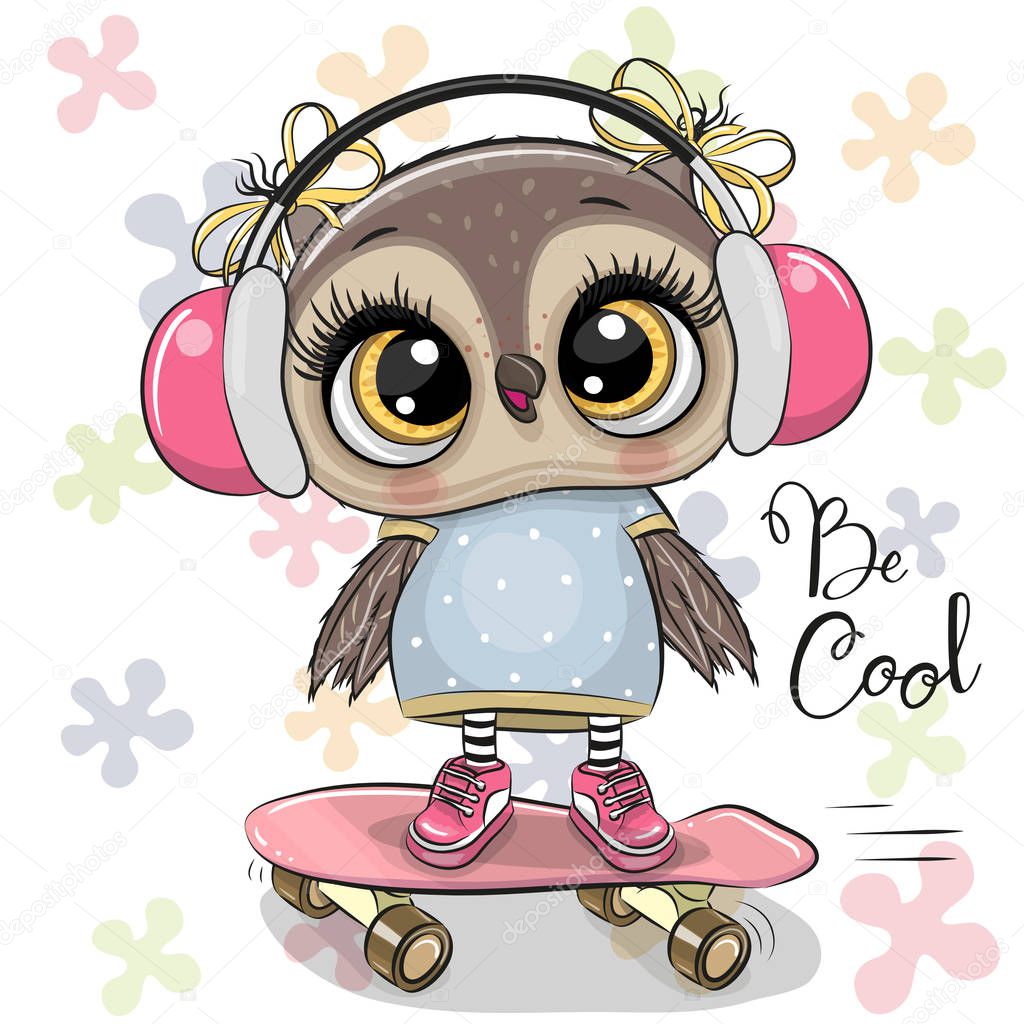 Cute cartoon owl on a skateboard with headphones