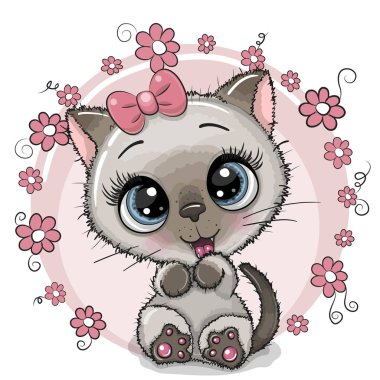 Tebrik kartı Cute Kitten çiçekli