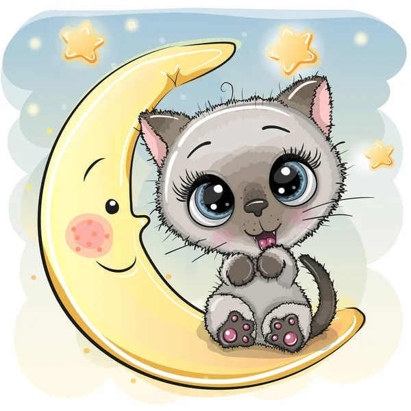 Carino Cartoon Kitten è seduto sulla luna — Vettoriale Stock
