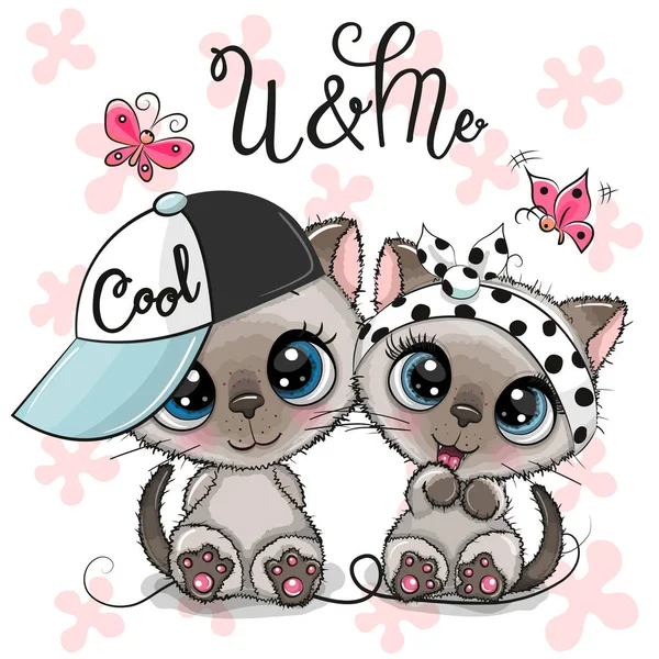 Dos gatitos de dibujos animados niño y niña con gorra y lazo — Vector de stock