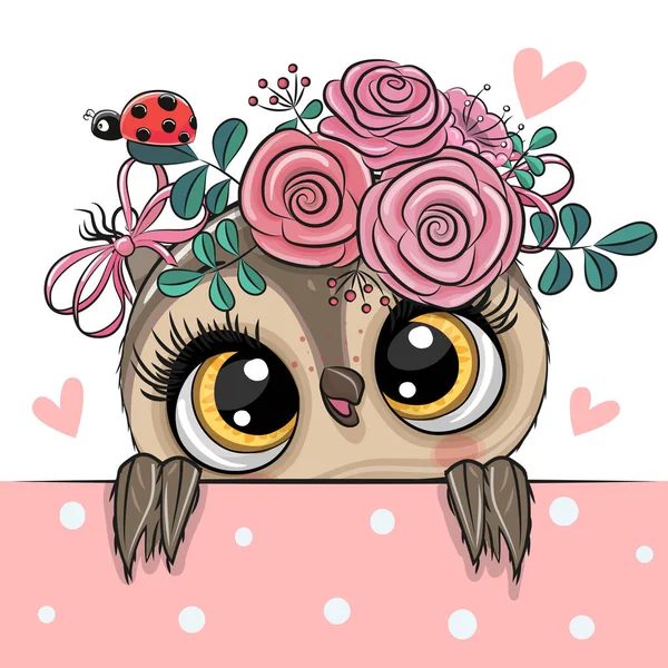 Cartoon Owl avec des fleurs un fond blanc — Image vectorielle