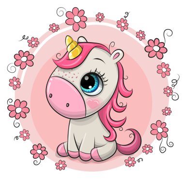 Çizgi film tek boynuzlu at çiçekler arka plan üzerinde