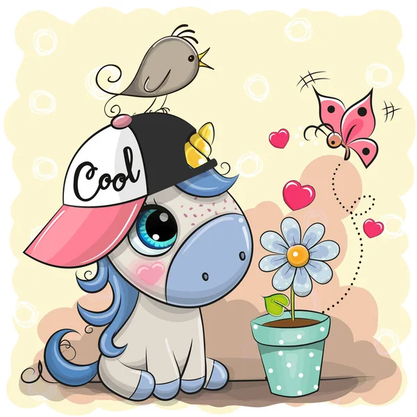 Greeting card cute cartoon Unicorn with flower — Stock Vector
