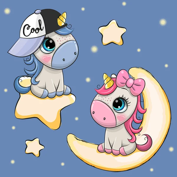 Tarjeta de San Valentín con Unicornios en luna y estrella — Vector de stock