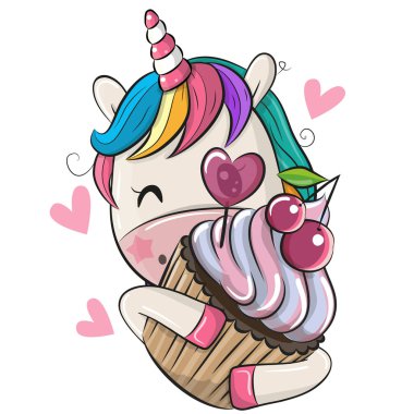 Cupcake beyaz bir arka plan üzerinde olan karikatür at