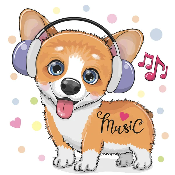 Lindo perro de dibujos animados Corgi con auriculares — Archivo Imágenes Vectoriales