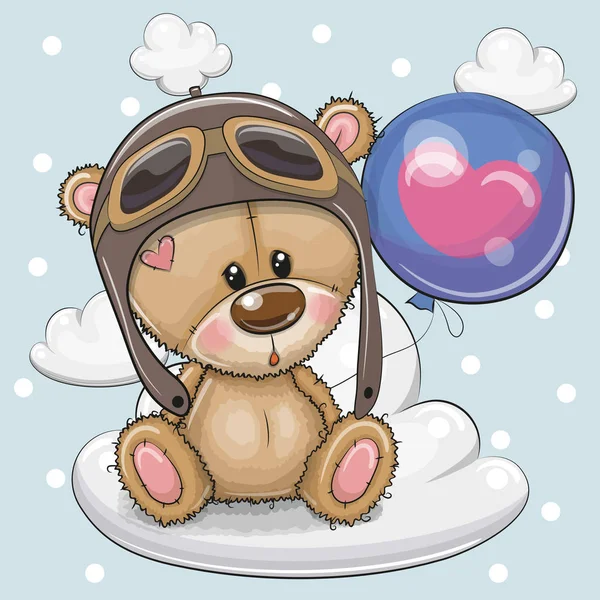 可爱的卡通泰迪熊男孩与气球 — 图库矢量图片