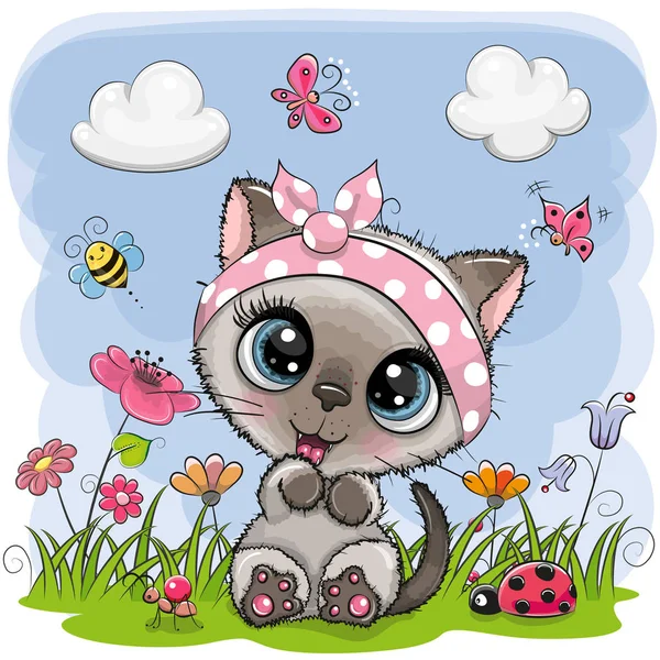 Schattige Cartoon Kitten meisje op een weide — Stockvector