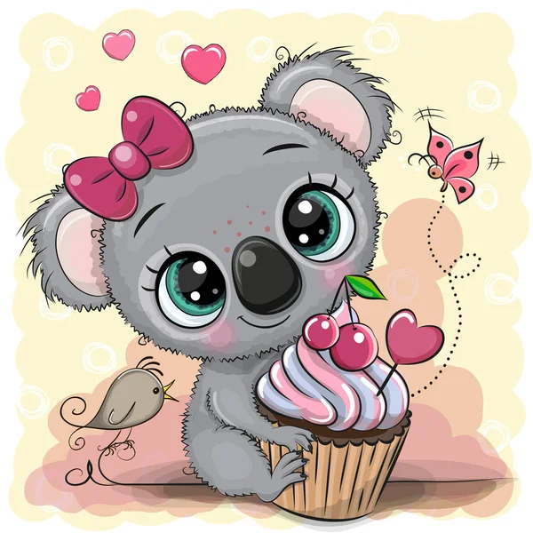 Lykønskningskort Cartoon Koala med kage – Stock-vektor