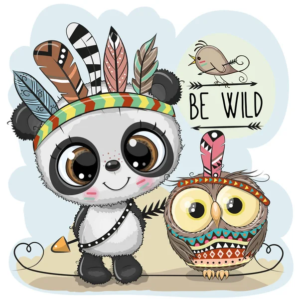 Panda tribal mignon et hibou avec des plumes — Image vectorielle