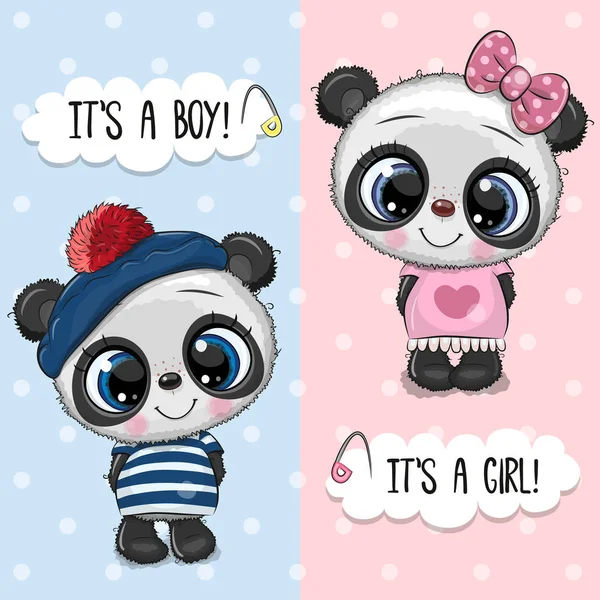 Baby Shower cartão de saudação com Pandas menino e menina — Vetor de Stock