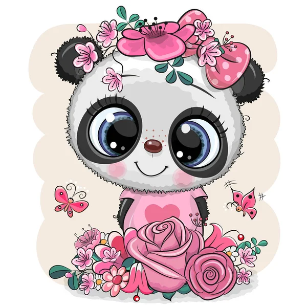 Desenhos animados Panda com flores em um fundo branco —  Vetores de Stock