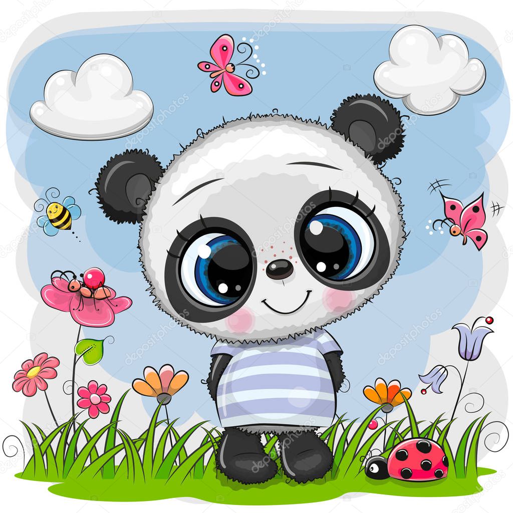 Cute Cartoon Baby Panda on a meadow
