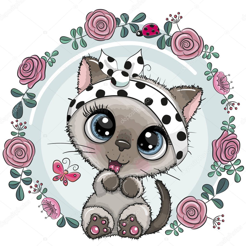Greeting card Cute Kitten with flowers