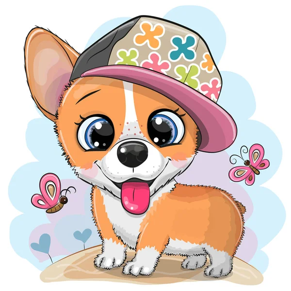 Cão dos desenhos animados Corgi em um boné — Vetor de Stock