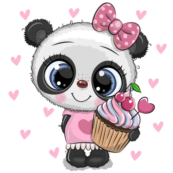 Panda de dibujos animados con magdalena en un fondo de corazones — Vector de stock