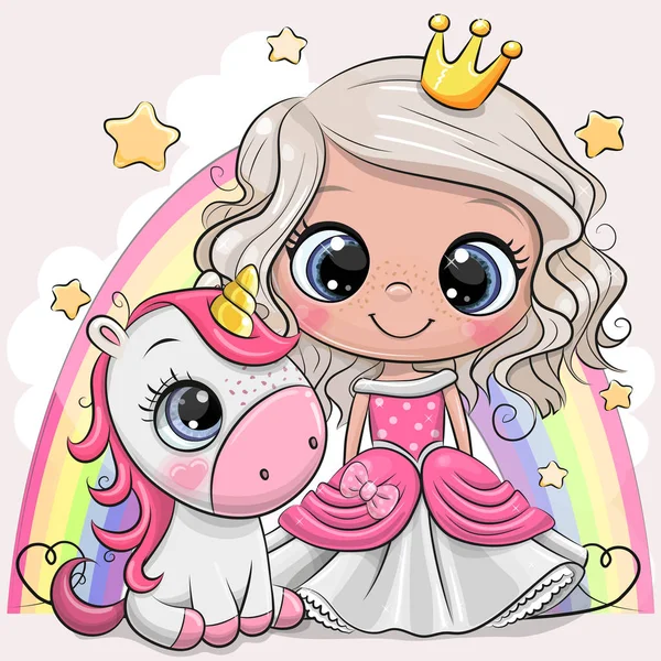 Lindo cuento de hadas de dibujos animados princesa y unicornio — Vector de stock