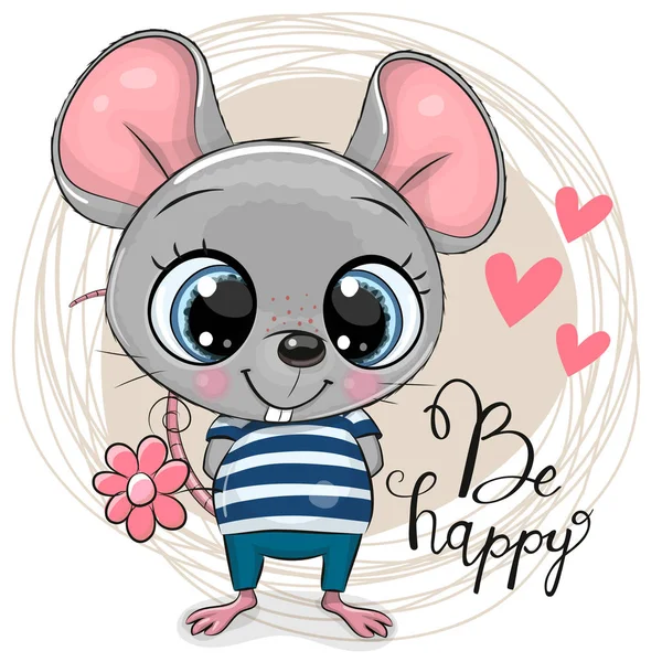 Carino Cartoon Mouse con fiori — Vettoriale Stock