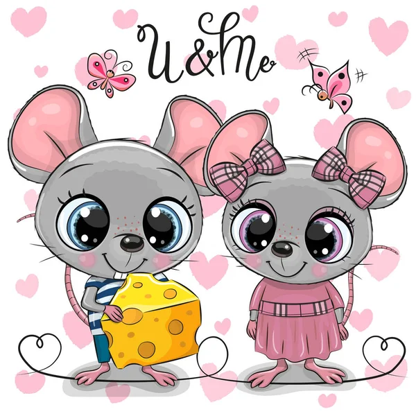 Dos ratas de dibujos animados en un fondo de corazones — Vector de stock