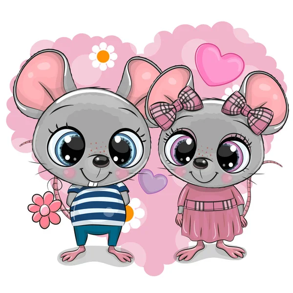 心臓の背景に2つの漫画のマウス — ストックベクタ