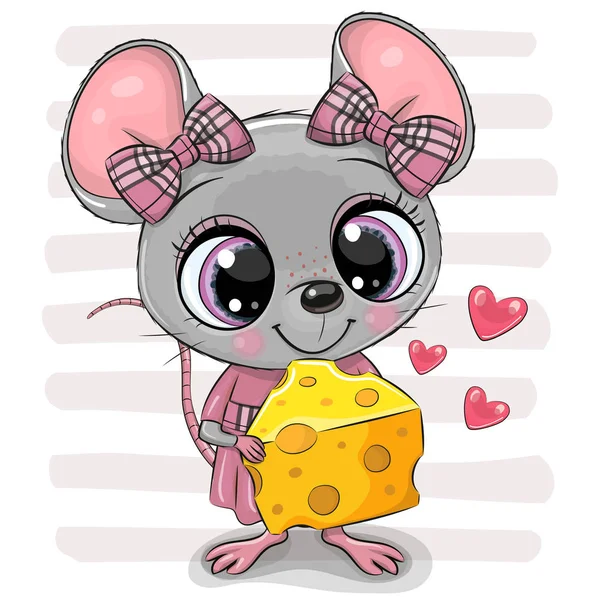 チーズとかわいい漫画マウスの女の子 — ストックベクタ
