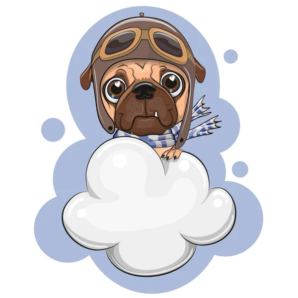 Anjing pug yang lucu terbang di atas awan - Stok Vektor