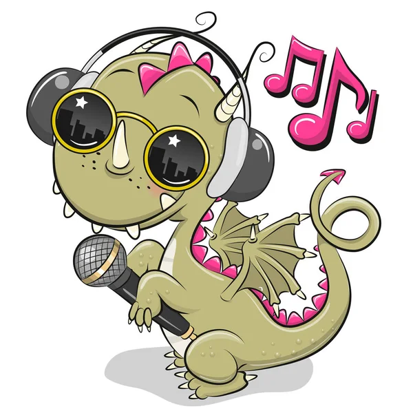 Cartoon Dragon with sun glasses, headphones and microphone — Stock Vector