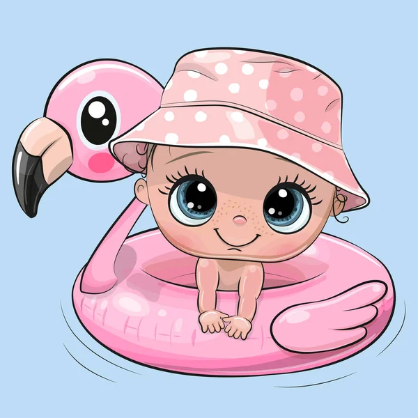 Menina do bebê dos desenhos animados nadando no anel da piscina flamingo inflável — Vetor de Stock