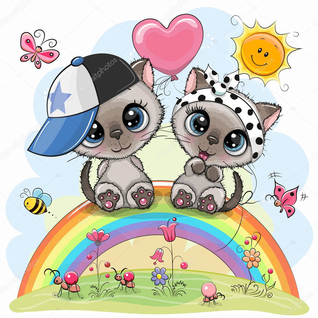 Cartoon Kittens are sitting on the rainbow