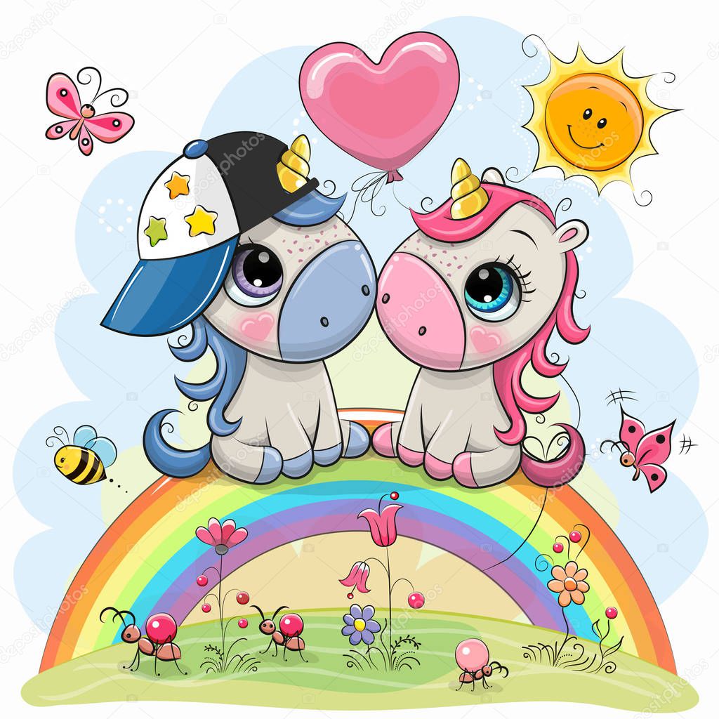 Cartoon Unicorns are sitting on the rainbow