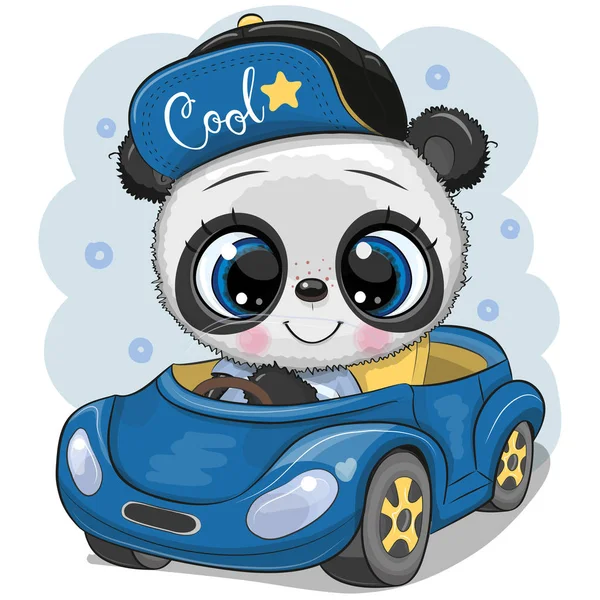 Cartoon Panda boy in a cap goes on a Blue car - Stok Vektor