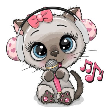 Kulaklık ve mikrofon ile Karikatür Kedi