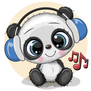 Sarı arka planda kulaklıklı Cartoon Panda