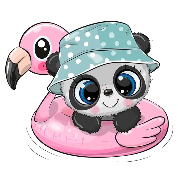 Cartoon Baby Panda úszás medence gyűrű felfújható flamingó — Stock Vector