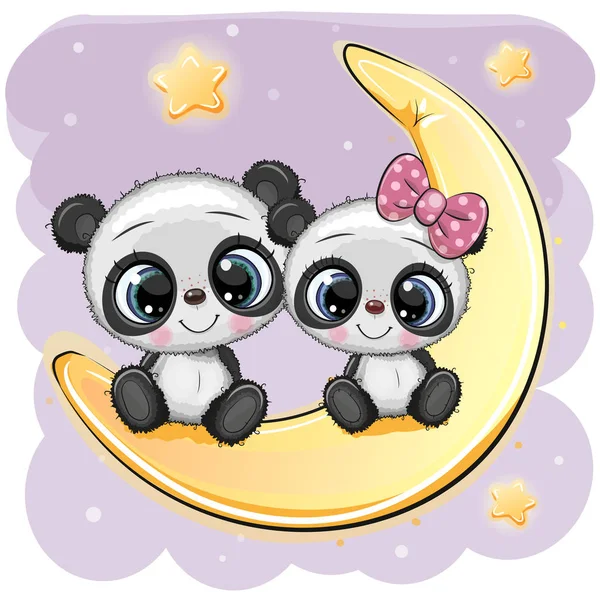 Dos pandas de dibujos animados están sentados en la luna — Vector de stock