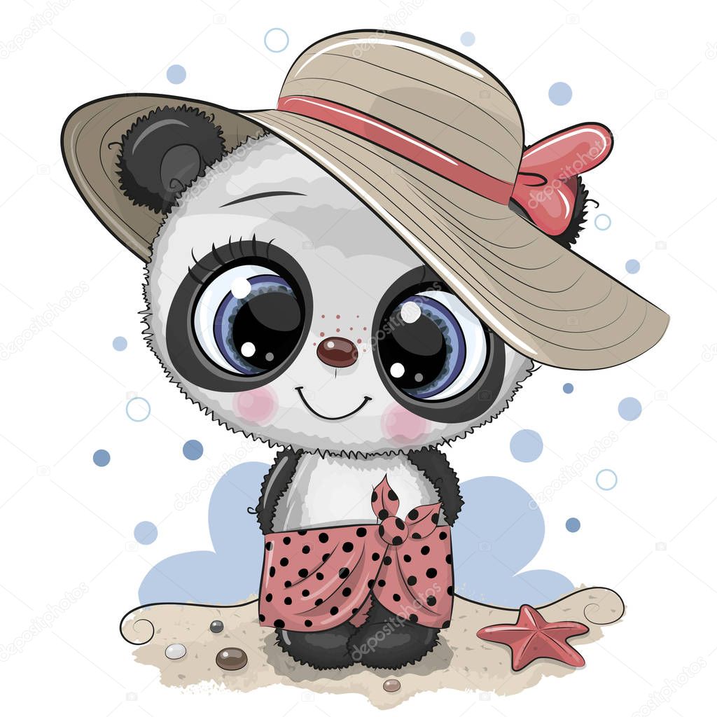 Cartoon Panda on the beach in a straw hat
